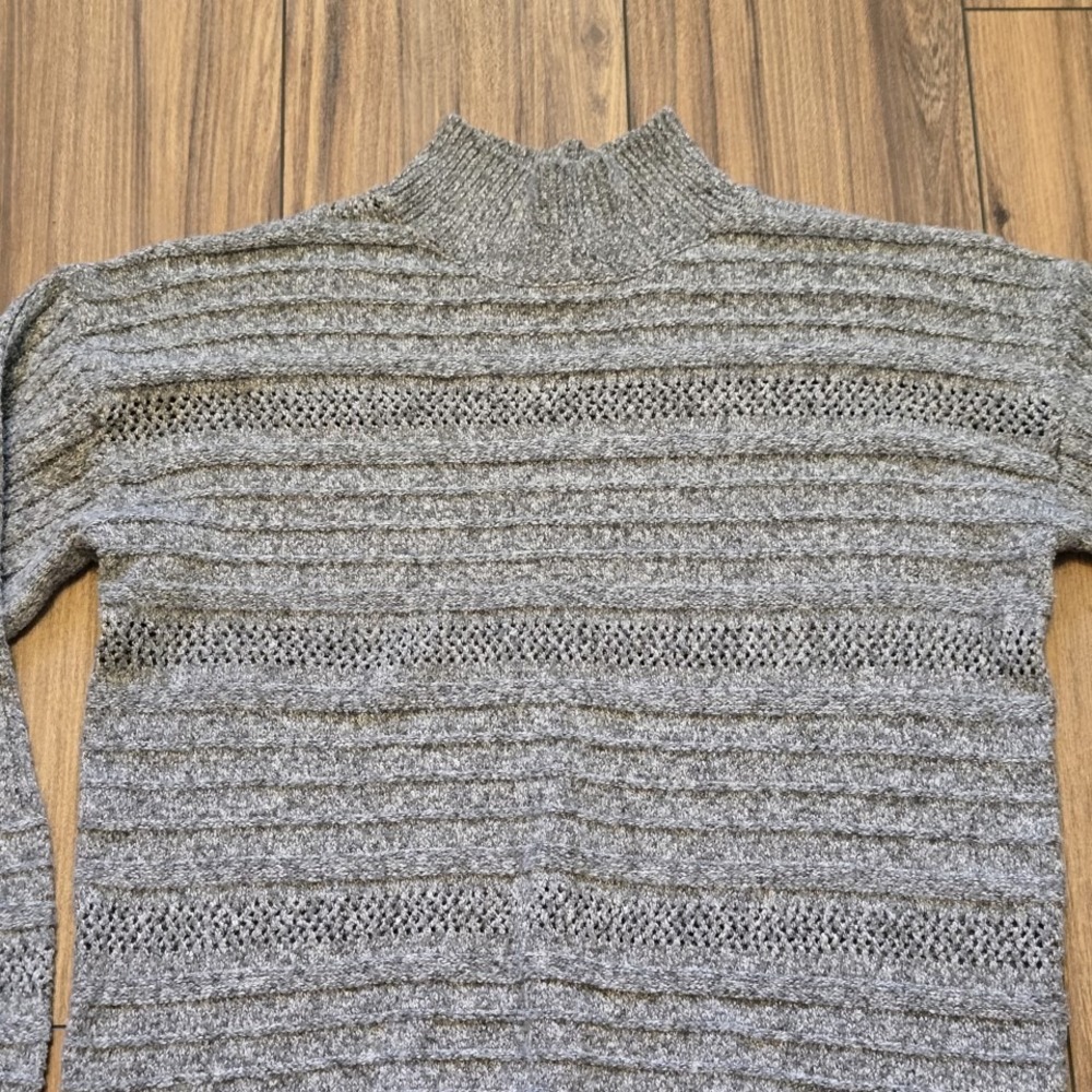 Womens Mock Neck Sweater M Knit Striped Openwork Long Sleeve Gray